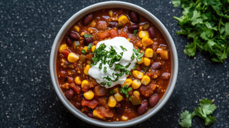 Top view of a bowl of spicy corn and bean chili, served with a dollop of sour cream and a sprinkle of fresh cilantro.の素材