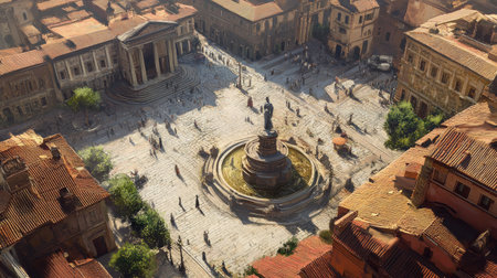 Top view of an ancient cityaes central square, featuring a stone fountain, temples, and cobblestone streets, evoking a sense of timelessness.の素材