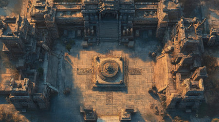Top view of an ancient cityaes temple complex, with large ceremonial platforms, altars, and surrounding ruins.の素材