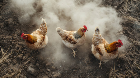 Top view of chickens dust bathing in the dirt, creating small clouds of dust around them in a farmyard.の素材