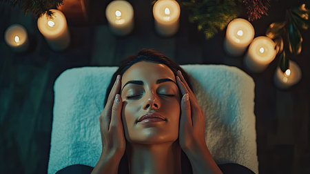 Top view of a woman receiving a gentle facial massage, enveloped in a serene atmosphere with candles glowing softly in the background. Ultimate relaxation.の素材