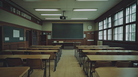 Top view of an empty classroom with rows of desks, a large chalkboard, and a bright, organized space.の素材