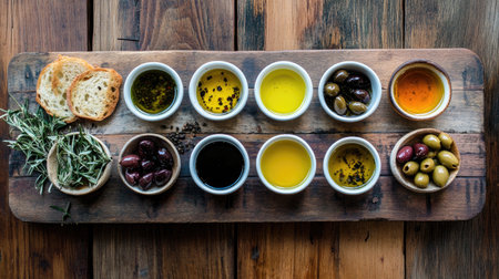 Top view of an olive oil tasting setup, with small bowls of different oils, olives, and bread for dippingの素材