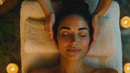 Top view of a woman receiving a gentle facial massage with luxurious oils, surrounded by soft candlelight in a serene spa. Pure relaxation.の素材