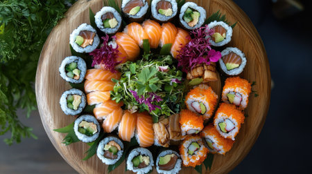 Top view of an exquisite sushi platter with a variety of fish and vegetable rolls, garnished with fresh herbs.の素材