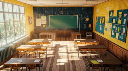 Top view of an empty classroom with rows of desks, a large chalkboard, and a bright, organized space.の素材