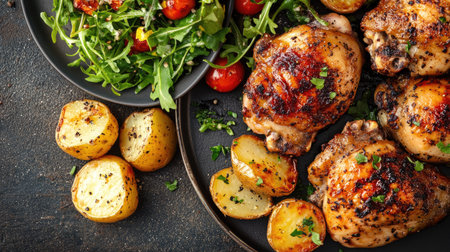 Top view of grilled chicken thighs with crispy skin, served with a side of roasted potatoes and a fresh salad.の素材