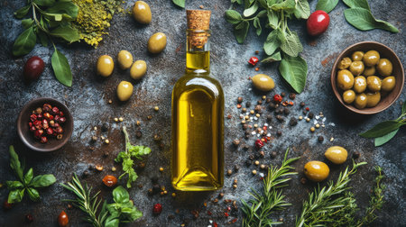 Top view of an olive oil bottle surrounded by olives, herbs, and spices on a rustic surfaceの素材