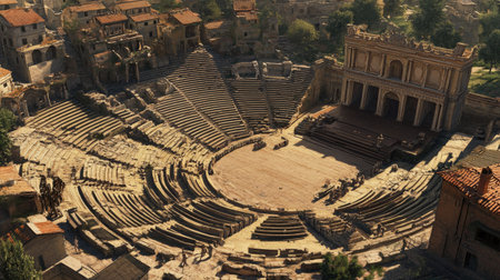 Top view of an ancient city with a well-preserved amphitheater, surrounded by rows of seats and a stage area.の素材
