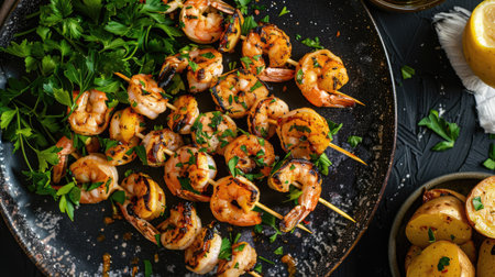 Top view of grilled shrimp skewers with a rich garlic butter sauce, served with a side of roasted potatoes and fresh herbs.の素材