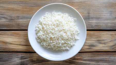 Top view of fragrant cooked Thai Jasmine rice on a white plate, set against a textured wooden background. Perfect for Thai cuisine themes.の素材