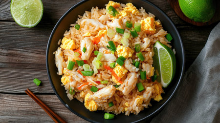 Top view of crab fried rice with chunks of fresh crab meat, scrambled eggs, and green onions, garnished with lime wedges.の素材