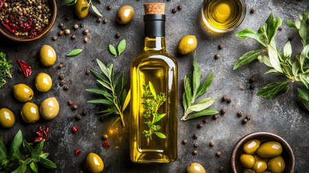 Top view of an olive oil bottle surrounded by olives, herbs, and spices on a rustic surfaceの素材