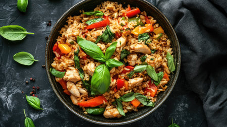 Top view of basil fried rice with chicken, bell peppers, and fresh basil leaves, served in a ceramic bowl.の素材