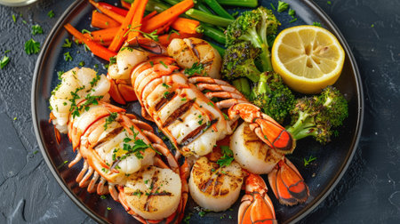 Top view of grilled lobsters and scallops with a lemon garlic butter sauce, accompanied by a side of steamed vegetables.の素材