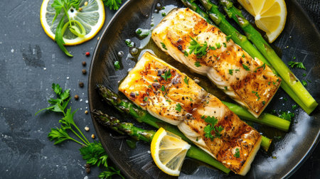 Top view of grilled fish fillets with a lemon butter sauce, accompanied by a side of steamed asparagus and fresh parsley.の素材