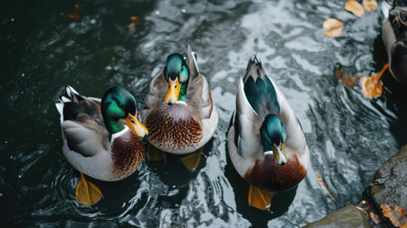 Top view of ducks preening and cleaning their feathers by the water, showcasing their natural grooming behaviors.の素材