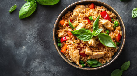 Top view of basil fried rice with chicken, bell peppers, and fresh basil leaves, served in a ceramic bowl.の素材