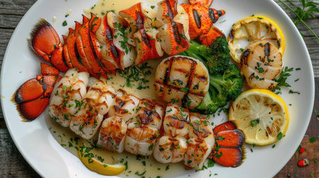 Top view of grilled lobsters and scallops with a lemon garlic butter sauce, accompanied by a side of steamed vegetables.の素材