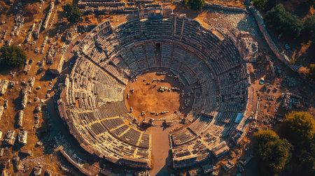 Top view of an ancient city with a well-preserved amphitheater, surrounded by rows of seats and a stage area.の素材