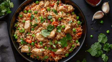 Top view of chili garlic fried rice with spicy chili garlic sauce, chicken, and mixed vegetables, garnished with cilantro.の素材