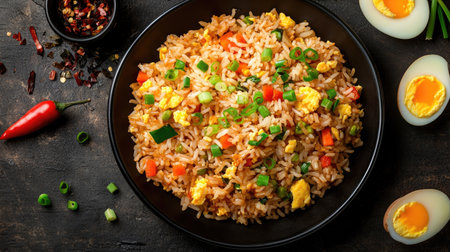 Top view of garlic fried rice with crispy garlic slices, mixed vegetables, and scrambled eggs, garnished with green onions.の素材