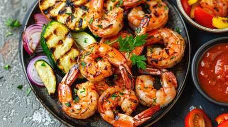Top view of grilled shrimp with a garlic and chili marinade, accompanied by a side of grilled vegetables and a small bowl of dipping sauce.の素材