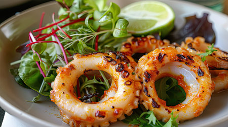 Top view of grilled squid rings with a spicy peanut sauce, served with a side of mixed greens and a wedge of lime.の素材