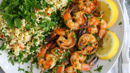 Top view of grilled shrimp with a tangy lemon herb marinade, served with a side of couscous salad and fresh parsley.の素材
