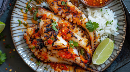 Top view of grilled squid with a garlic chili sauce, served with a side of steamed jasmine rice and a wedge of lime.の素材