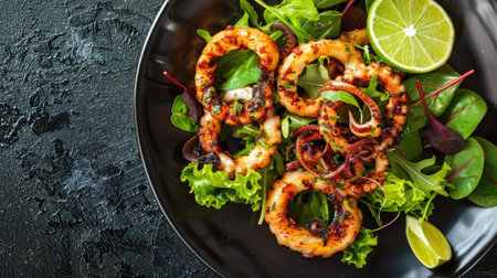 Top view of grilled squid rings with a spicy peanut sauce, served with a side of mixed greens and a wedge of lime.の素材
