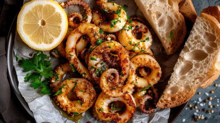 Top view of grilled squid rings with a garlic butter sauce, served with a side of crusty bread and lemon wedges.の素材