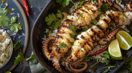 Top view of grilled squid with a citrus chili marinade, garnished with fresh herbs and served with a side of coconut rice.の素材