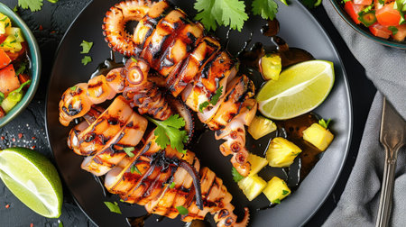 Top view of grilled squid with a sweet and sour glaze, accompanied by a side of pineapple salsa and lime wedges.の素材