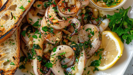 Top view of grilled squid with a lemon herb butter sauce, garnished with fresh parsley and served with a side of garlic bread.の素材
