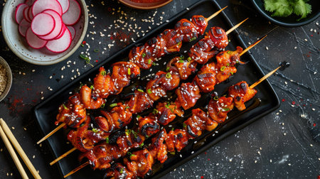 Top view of grilled squid skewers with a spicy Korean gochujang sauce, served with a side of pickled radishes and sesame seeds.の素材