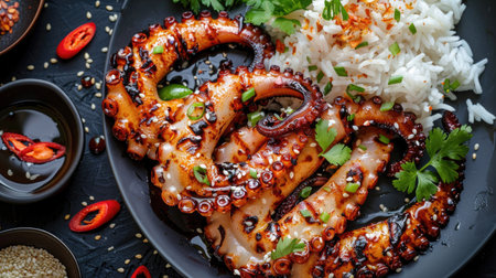 Top view of grilled squid with a sweet and spicy glaze, garnished with sesame seeds and served with a side of jasmine rice.の素材