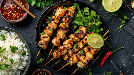 Top view of grilled squid skewers with a tangy ginger garlic marinade, served with a side of jasmine rice and fresh herbs.の素材