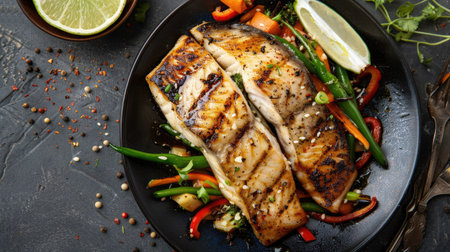 Top view of grilled fish fillets with a honey soy glaze, accompanied by a side of stir-fried vegetables and a wedge of lime.の素材