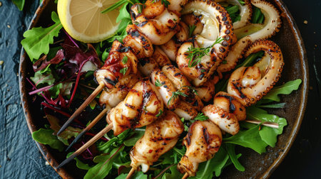 Top view of grilled squid skewers with a tangy citrus marinade, accompanied by a side of mixed greens and a wedge of lemon.の素材
