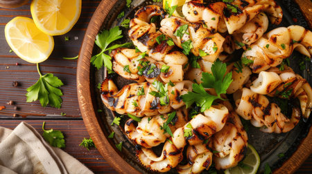 Top view of grilled squid with a lemon garlic marinade, garnished with fresh parsley and served with a wedge of lemon.の素材