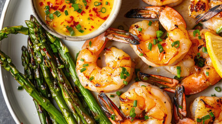 Top view of grilled shrimp with a garlic and chili butter sauce, served with a side of grilled asparagus and a wedge of lemon.の素材