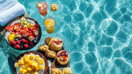 A gourmet breakfast set floating in the crystal-clear waters of a resort swimming pool, featuring a spread of fresh fruits, pastries, and drinksの素材