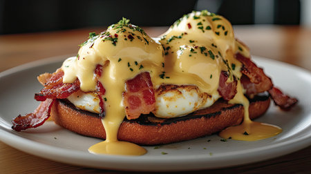 A beautifully plated eggs benedict with crispy bacon and sourdough bread, drizzled with hollandaise sauce, ready to be enjoyed for a hearty breakfastの素材