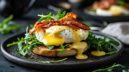 A beautifully presented Eggs Benedict with crispy bacon, poached eggs, and hollandaise on an English muffin, accented with fresh arugula for an elegant mealの素材