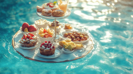 A floating breakfast set with a variety of gourmet dishes, including fresh fruit and pastries, gently drifting in a hotel resort's swimming poolの素材