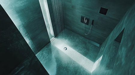 Aerial shot of a bathroom with a sleek shower, elegant fixtures, and a calming, minimalist design.の素材