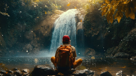 Adventurous Serenity: A trekker in a red hat, with a backpack, sitting near a waterfall, soaking in the splashes of nature's power. Traveling and outdoor adventure.の素材