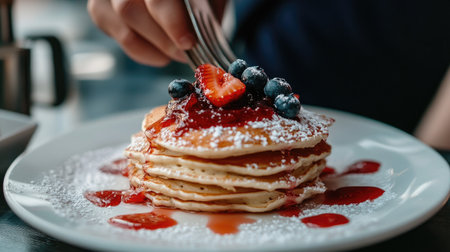A hand serving pancakes topped with strawberry jam and decorated with blueberries on a white plate, highlighting the sweet food ready to be enjoyedの素材