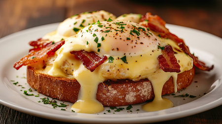 A delicious serving of eggs benedict with crispy bacon on a slice of sourdough bread, topped with rich hollandaise sauce, perfect for a gourmet breakfastの素材